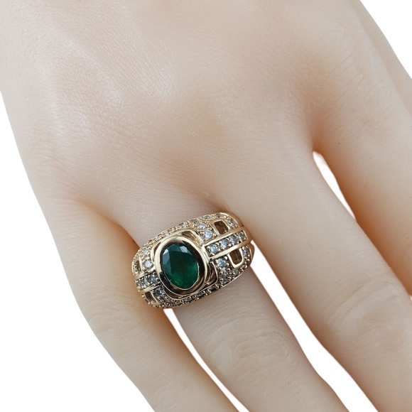14K Yellow Gold Natural Emerald and Diamond Dome Ring Size 5.75 #21213 - Picture 8 of 9